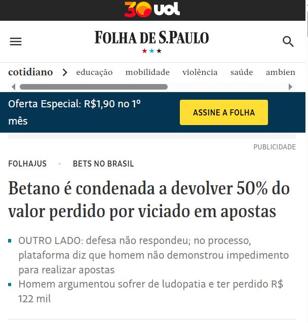folha de sao paulo fala sobre ludopatia de cliente nosso